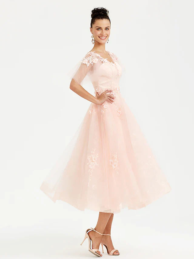 A-Line Prom Dresses Elegant Dress Wedding Guest Tea Length Short Sleeve V Neck Tulle with Appliques