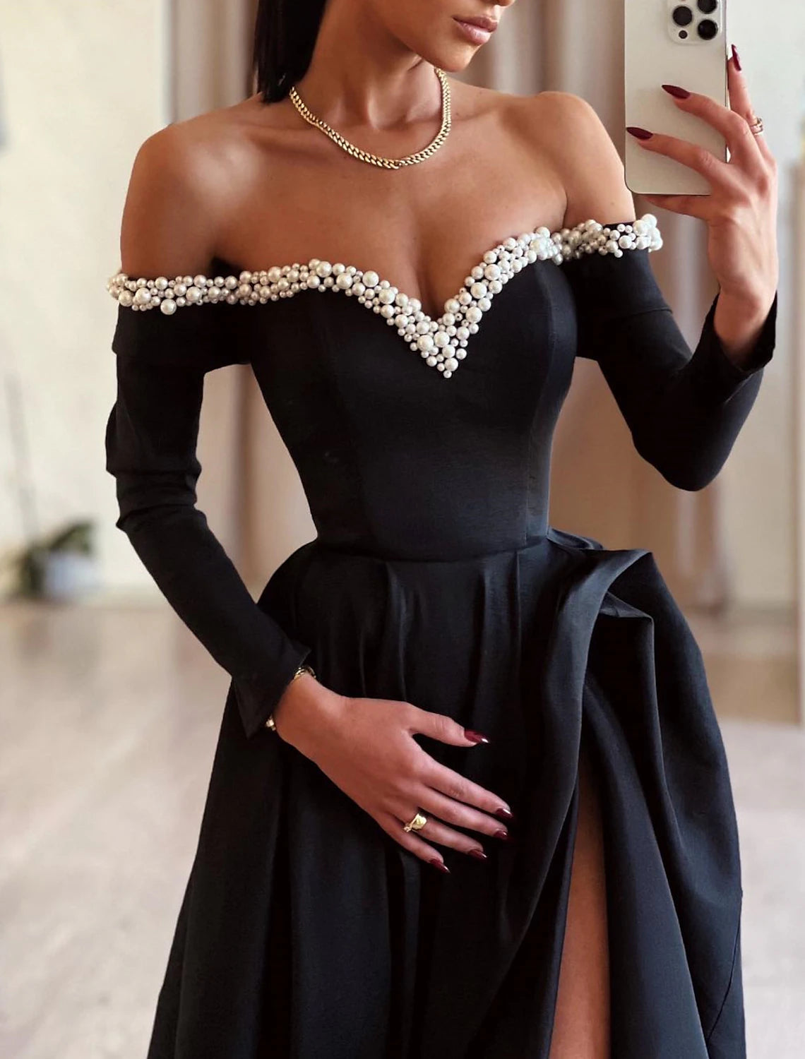 A-Line Evening Gown Black Dress Sweep / Brush Train Long Sleeve Off Shoulder Satin with Pearls Slit