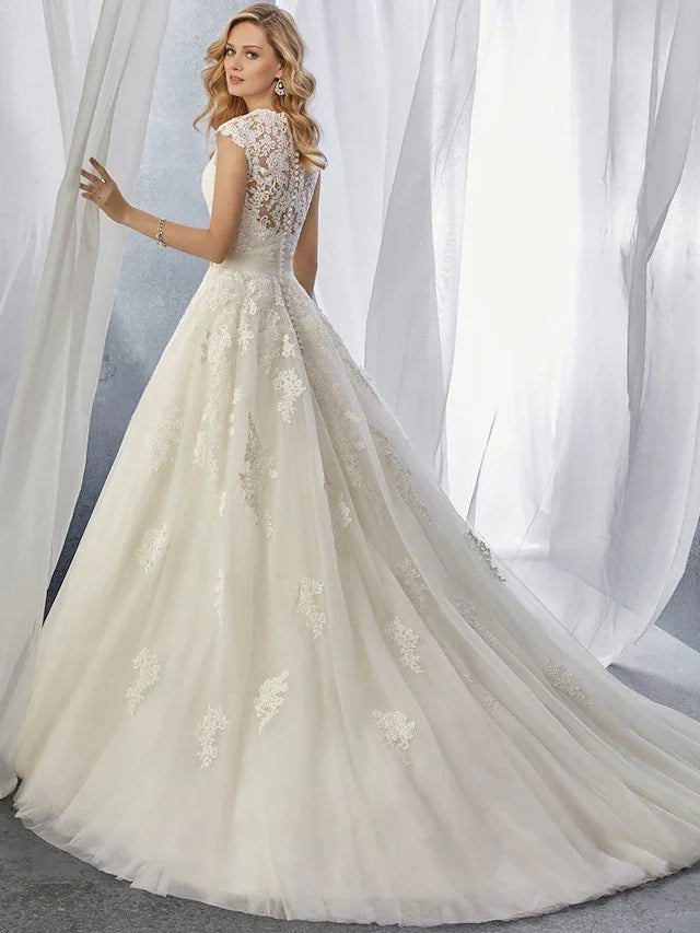 Engagement Formal Wedding Dresses Court Train Ball Gown Cap Sleeve Sweetheart Lace With Appliques