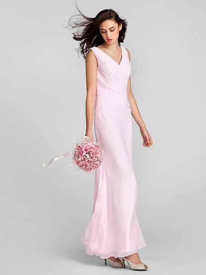 Sheath / Column Bridesmaid Dress V Neck Sleeveless Floor Length Chiffon with Criss Cross