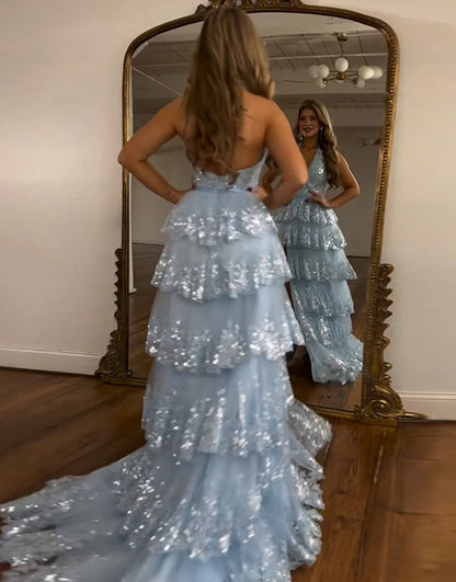 Sparkly Light Blue Halter Tiered Long Prom Dress With Slit