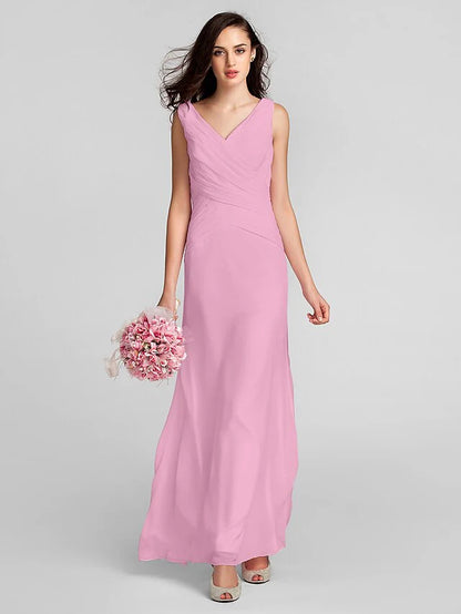 Sheath / Column Bridesmaid Dress V Neck Sleeveless Floor Length Chiffon with Criss Cross