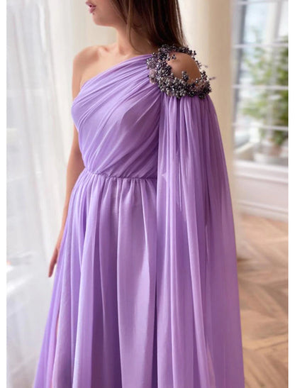 A-Line Evening Gown Elegant Dress Formal Sweep / Brush Train Sleeveless One Shoulder Capes Chiffon with Slit Shawl