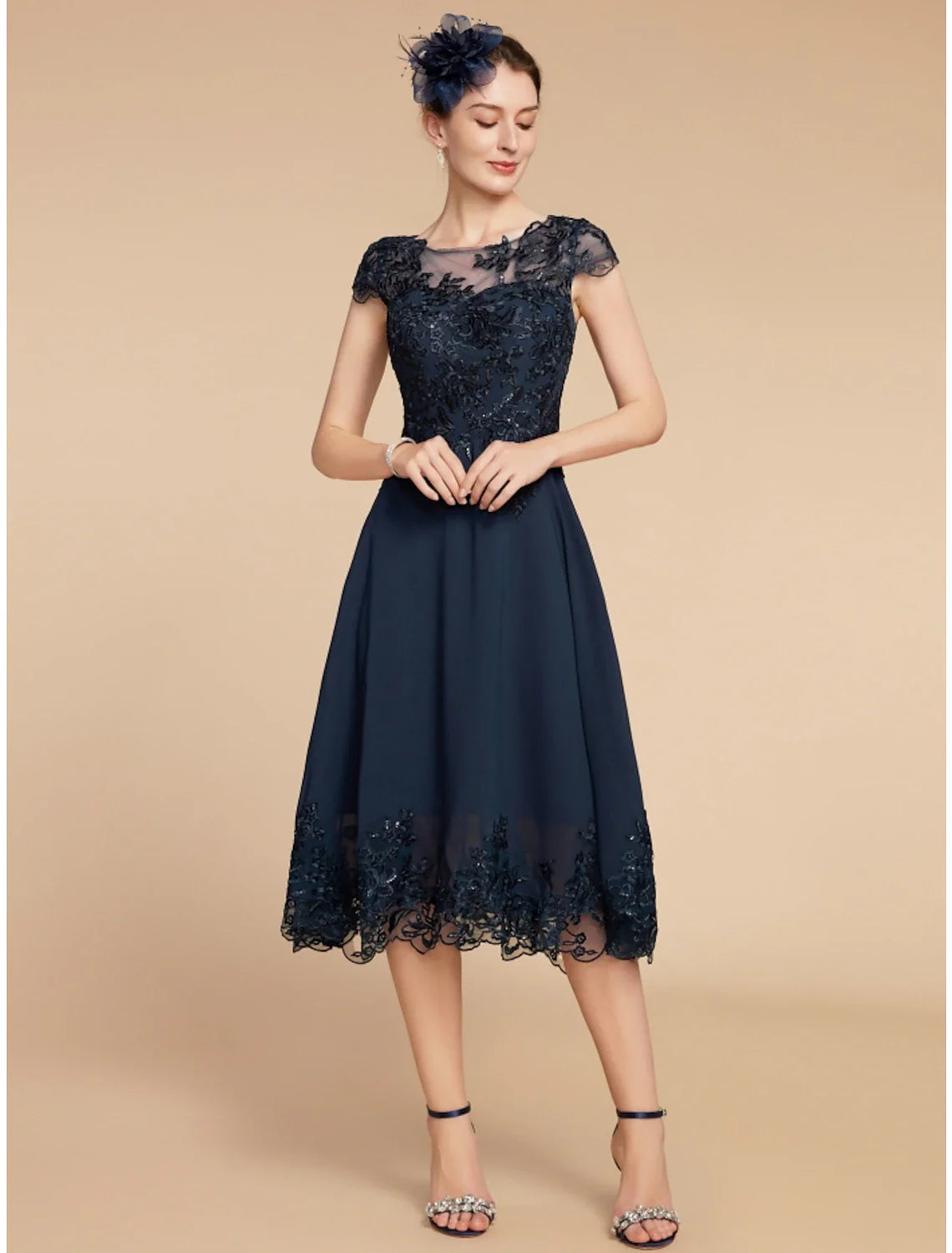 A-Line Mother of the Bride Dress Wedding Guest Elegant Petite Scoop Neck Tea Length Chiffon Lace Cap Sleeve with Sequin Ruching Solid Color