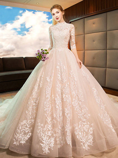 Engagement Sparkle & Shine Formal Wedding Dresses Cathedral Train Ball Gown Long Sleeve High Neck Lace With Sequin Appliques