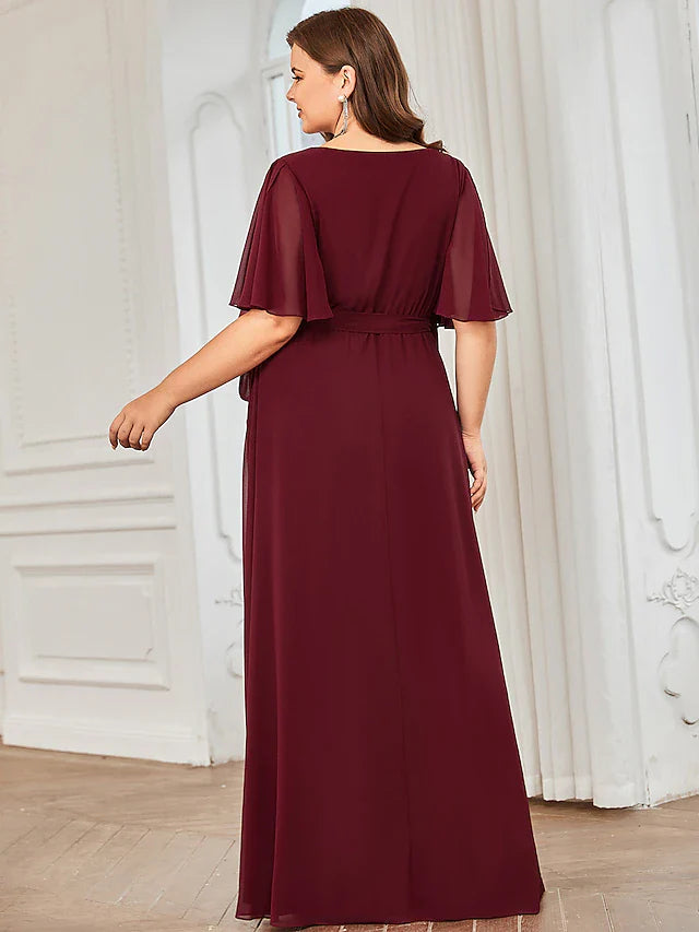 A-Line Bridesmaid Dress V Neck Short Sleeve Elegant Floor Length Chiffon with Ruffles / Draping / Bandage