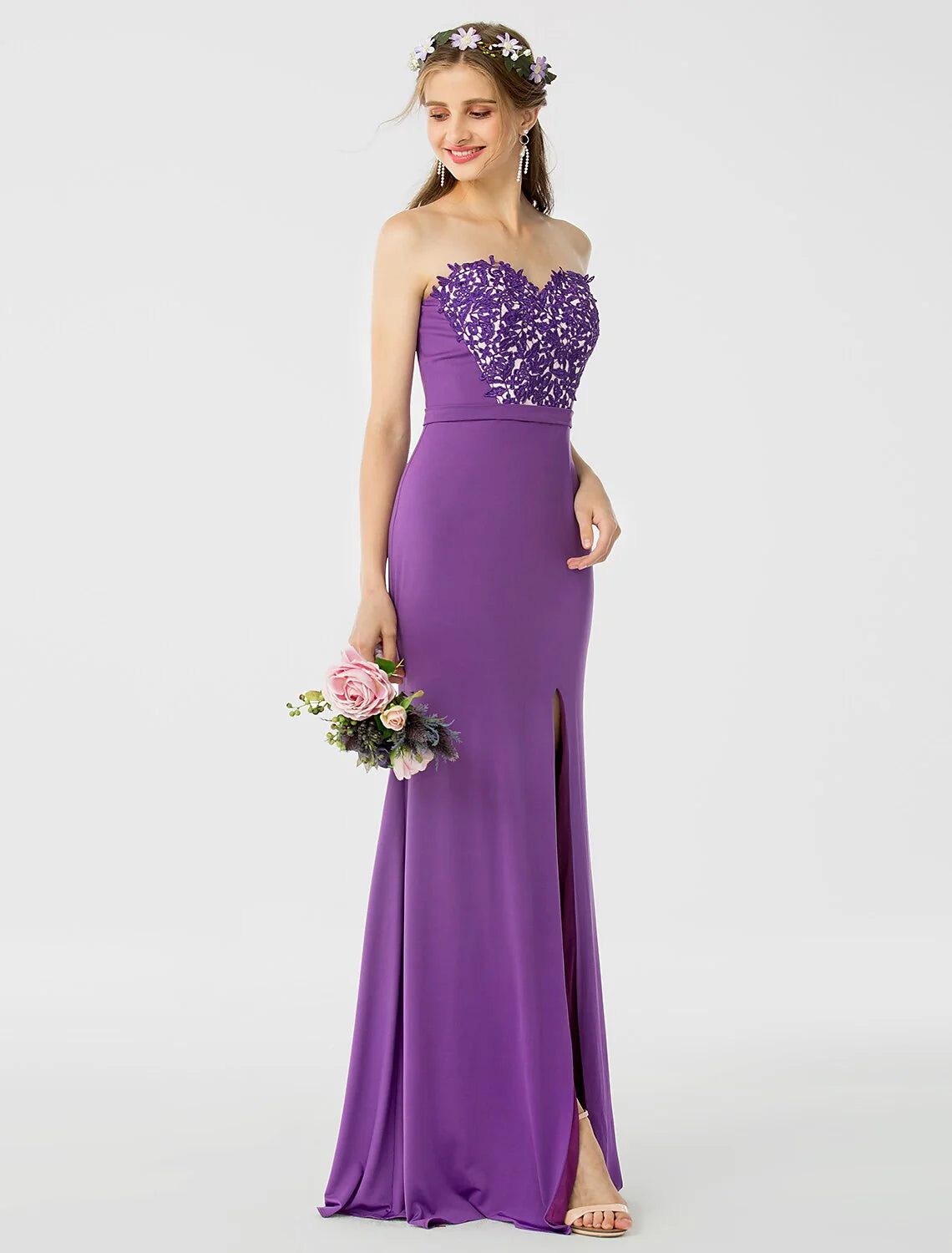 Sheath / Column Bridesmaid Dress Sweetheart Sleeveless Open Back Floor Length Jersey / Floral Lace with Sash / Ribbon / Appliques / Split Front