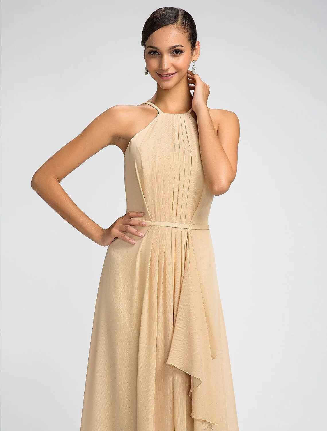 Sheath / Column High Neck Floor Length Chiffon Bridesmaid Dress with Draping