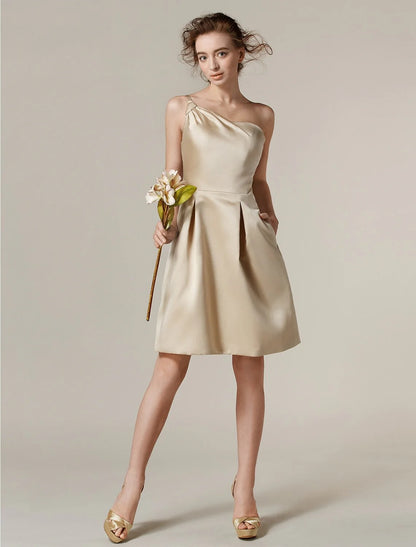 A-Line One Shoulder Knee Length Satin Bridesmaid Dress with Side Draping