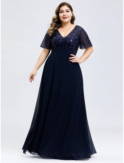 A-Line Wedding Guest Dresses Fall Floor Length Short Sleeve V Neck Bridesmaid Dress Tulle with Sequin Applique