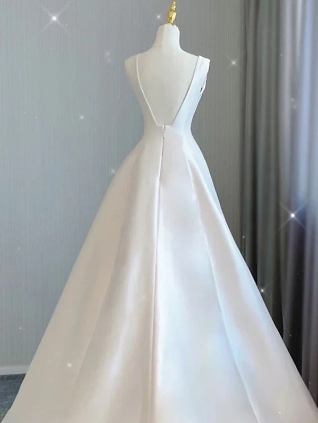 Hall Casual Wedding Dresses Court Train A-Line Sleeveless V Neck Satin With Bow(s) Pleats Bridal