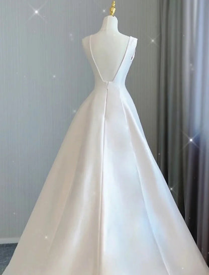 Reception Casual Wedding Dresses A-Line V Neck Sleeveless Court Train Satin Bridal Gowns With Bow(s) Pleats