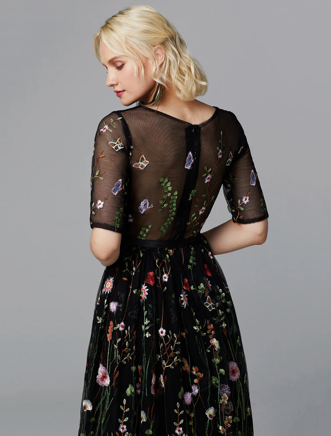 A-Line Floral Dress Holiday Wedding Guest Tea Length Half Sleeve Illusion Neck Lace with Embroidery Appliques