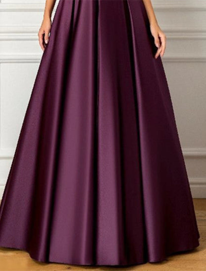 A-Line Evening Gown Wedding Guest Floor Length 3/4 Length Sleeve V Neck Satin