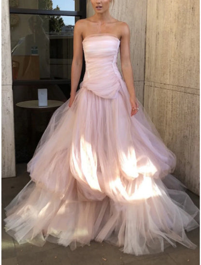 A-Line Evening Gown Elegant Dress Formal Court Train Sleeveless Strapless Tulle with Pleats Ruched