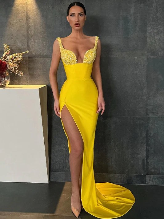 Stretch Crepe Sequin V-neck Sleeveless Yellow Prom Dresses Long