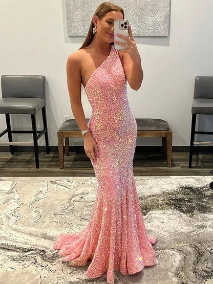 Ruffles One-Shoulder Sleeveless Sequin Prom Dresses