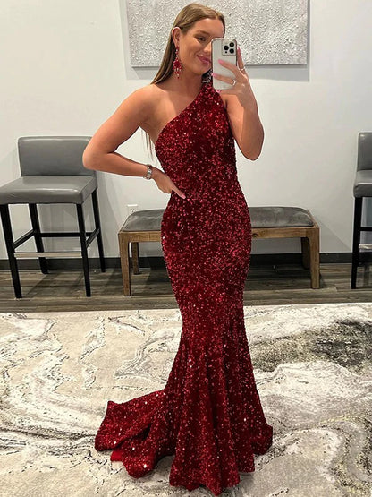 Ruffles One-Shoulder Sleeveless Sequin Prom Dresses