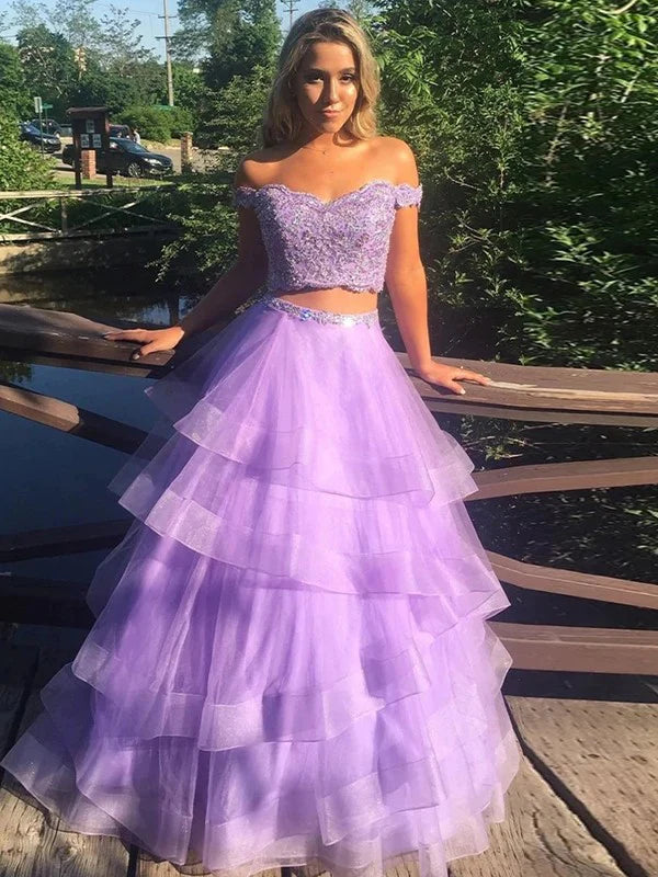 A-Line Princess Tulle Layers Off-the-Shoulder Sleeveless Floor-Length Two Piece Dresses