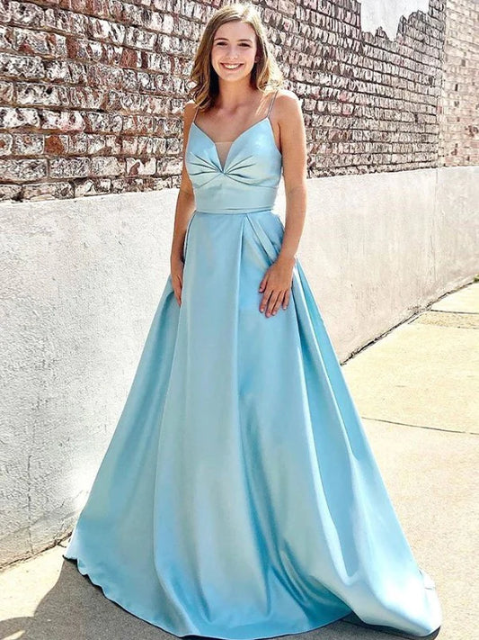 A-Line Princess Satin Ruched V-neck Sleeveless Prom Dresses