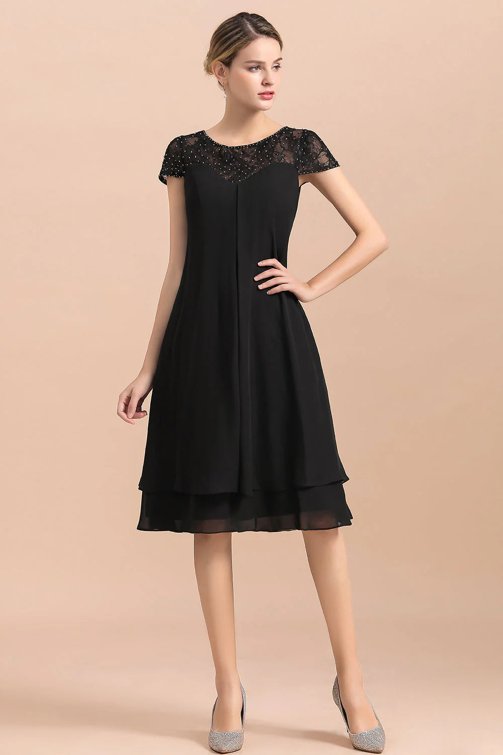 Black Cap Sleeve Mother of Bride Dress Chiffon Short Wedding Party Gowns