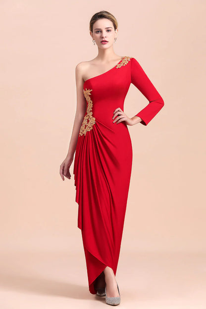 Red One-Shoulder Long Sleeves Ruffle Mother of Bride Dresses with Appliques