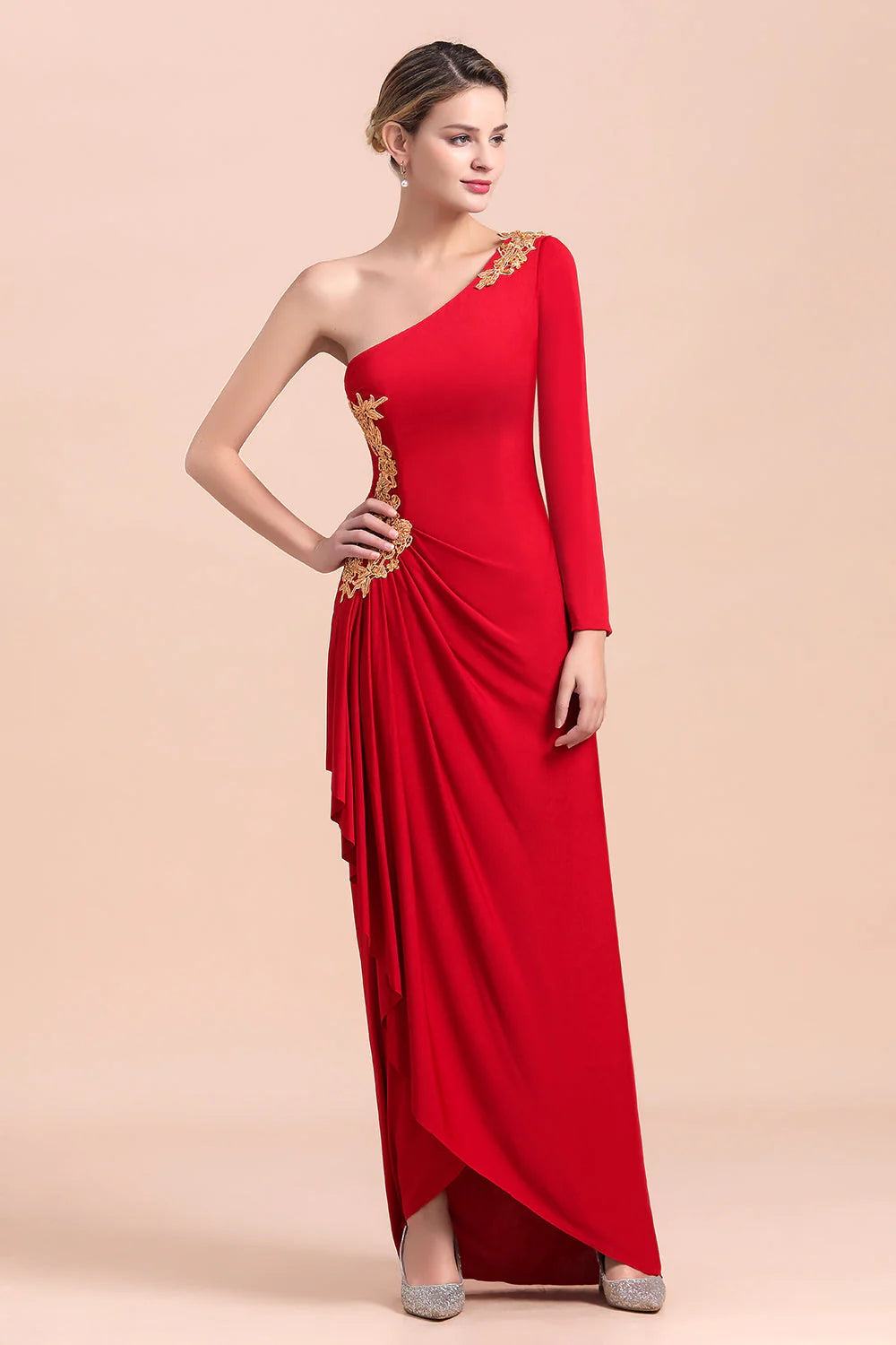 Red One-Shoulder Long Sleeves Ruffle Mother of Bride Dresses with Appliques