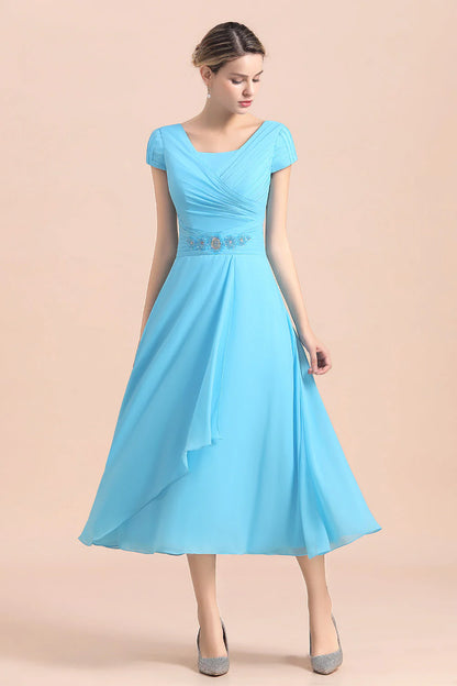 Elegant Blue Short Sleeves Chiffon Mother of the Bride Dress Tea-Length Online