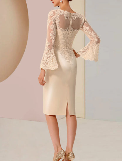 Sheath / Column Mother of the Bride Dress Wedding Guest Elegant Vintage Luxurious Jewel Neck Knee Length Satin Lace Long Sleeve with Beading Appliques