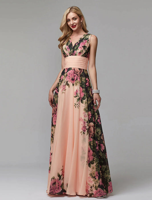 A-Line Floral Dress Holiday Floor Length Sleeveless V Neck Bridesmaid Dress Chiffon with Pattern / Print