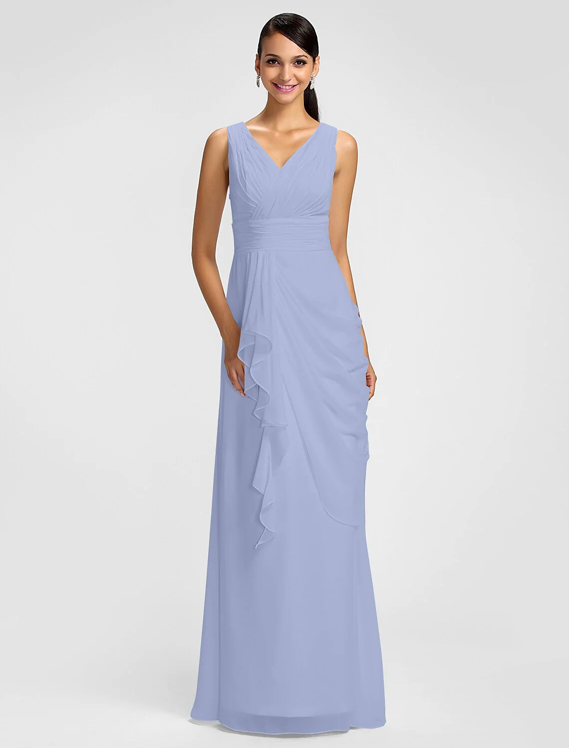 Sheath / Column V Neck Floor Length Chiffon Bridesmaid Dress with Draping / Sash / Ribbon / Side Draping