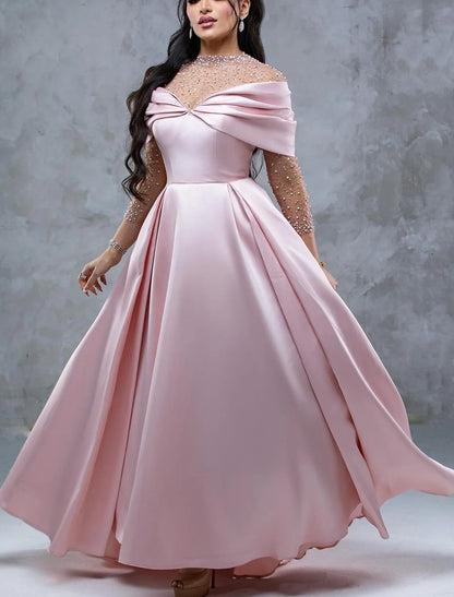 A-Line Evening Gown Elegant Dress Formal Prom Floor Length Short Sleeve Sweetheart Satin with Ruched Pearls Crystals