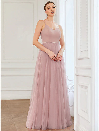 A-Line Prom Dresses Vintage Dress Wedding Guest Floor Length Sleeveless V Neck Tulle V Back with Pleats Draping