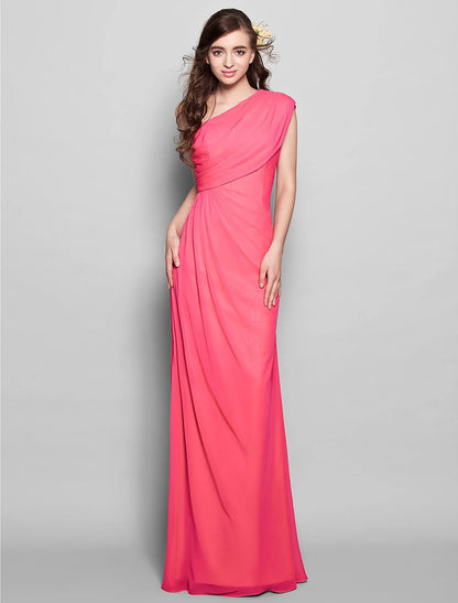 Sheath / Column Bridesmaid Dress One Shoulder Sleeveless Elegant Floor Length Chiffon with Side Draping