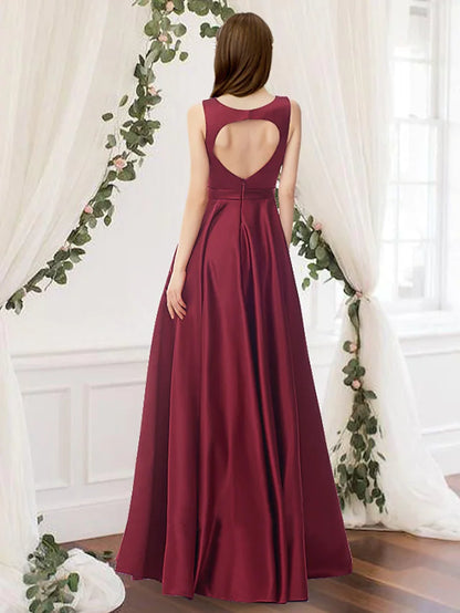 Bridesmaid Dress Jewel Neck Sleeveless Elegant Floor Length Charmeuse with Pleats