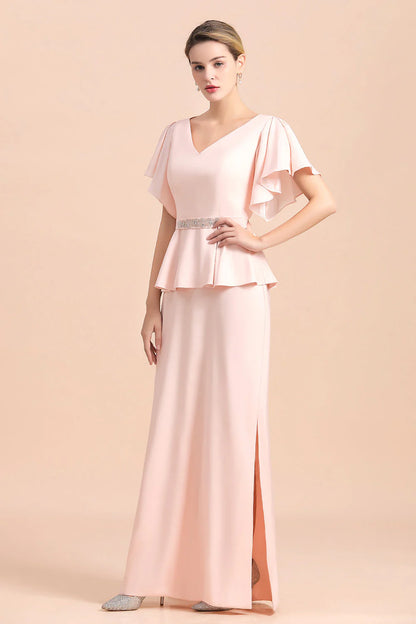 V-Neck Front Slit Formal Mother of Bride Dresses with Beadings Sash