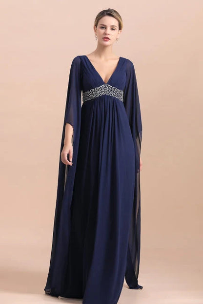 Navy Long Sleeve Floor-length Chiffon Mother Of the Bride Dress With Ruffles Online