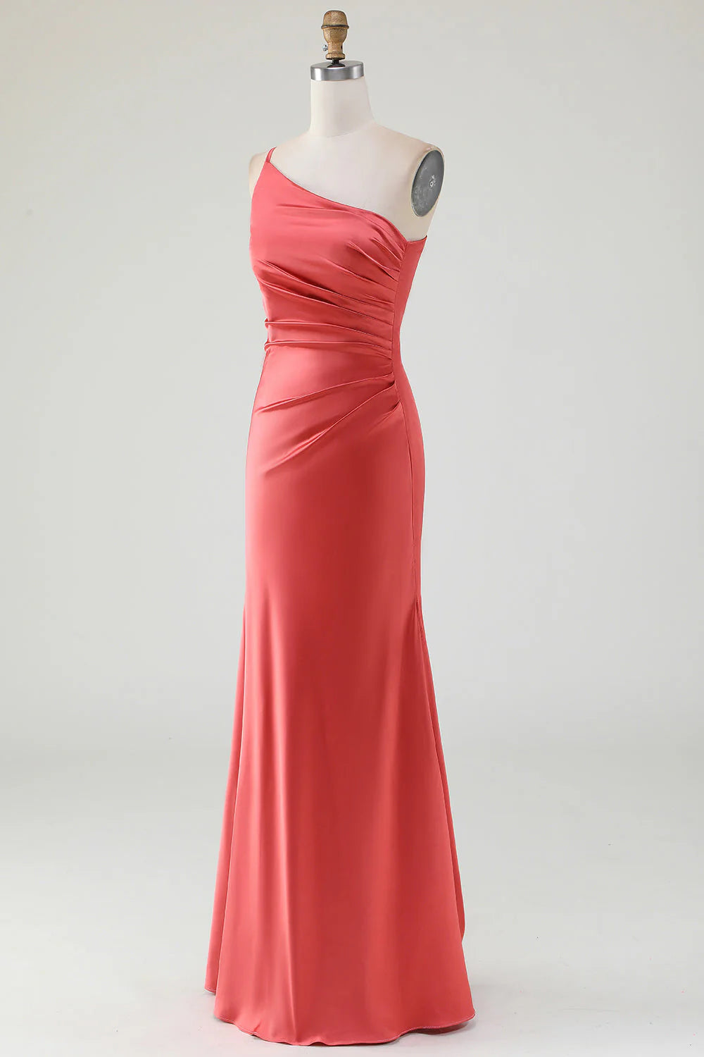 Sheath Pleated One Shoulder Long Satin Bridesmaid Dress