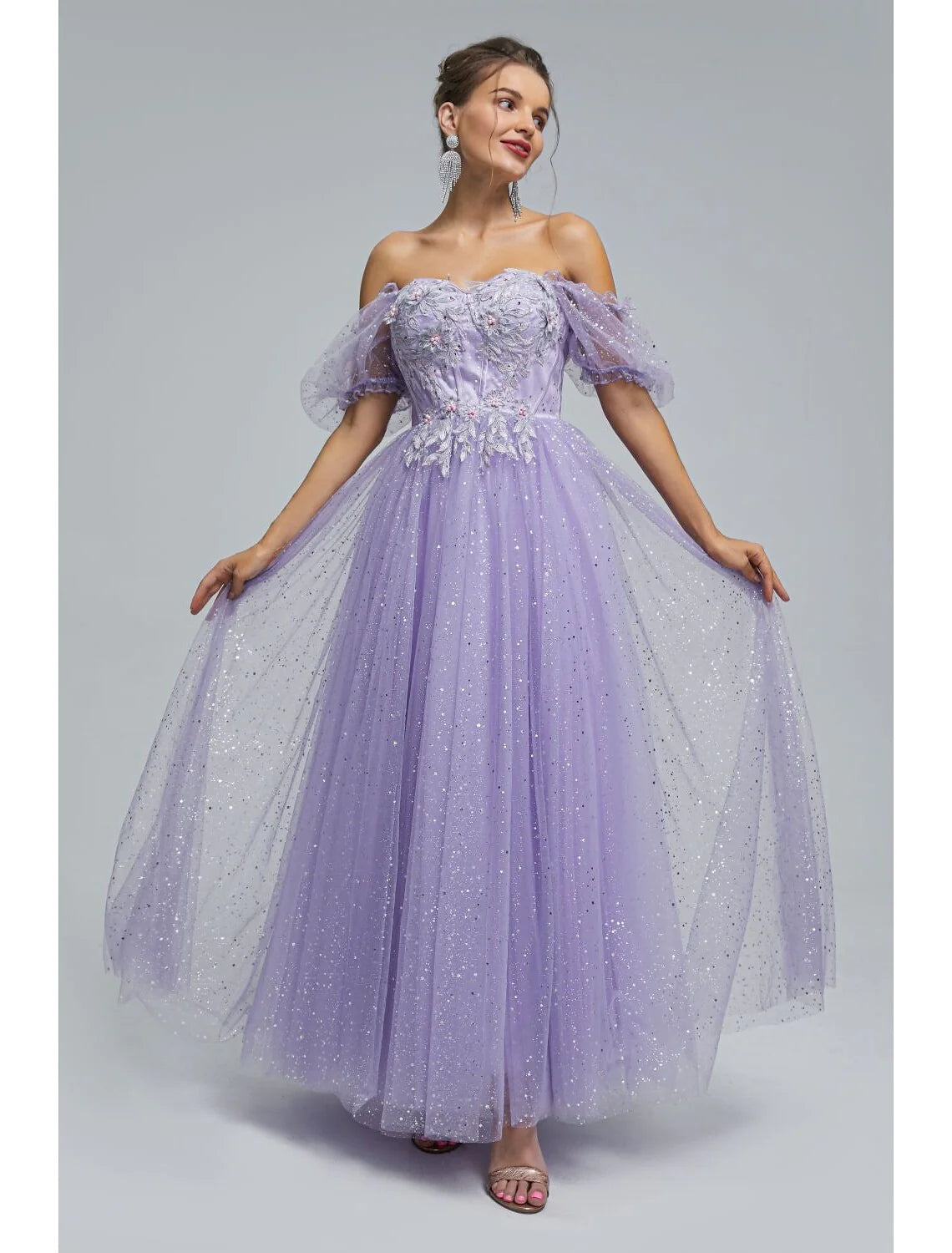 A-Line Prom Dresses Princess Dress Quinceanera Tea Length Short Sleeve Off Shoulder Tulle with Sequin Appliques