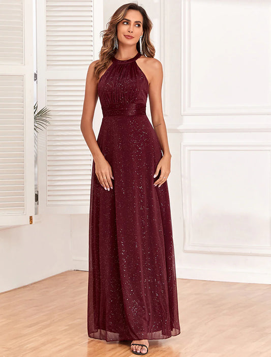 A-Line Evening Gown Empire Dress Evening Party Dress Wedding Reception Floor Length Sleeveless Halter Neck Polyester Backless V Back with Glitter