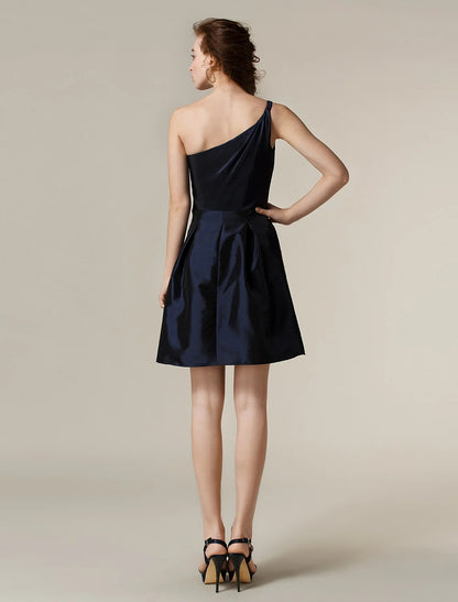 A-Line / Princess One Shoulder Short / Mini Taffeta Bridesmaid Dress with Pleats