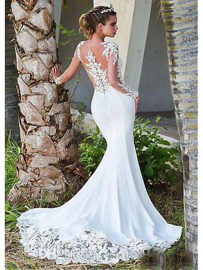 Engagement Open Back Formal Wedding Dresses Court Train Mermaid / Trumpet Long Sleeve Illusion Neck Crepe With Appliques