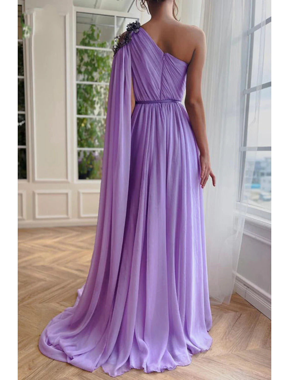 A-Line Evening Gown Elegant Dress Formal Sweep / Brush Train Sleeveless One Shoulder Capes Chiffon with Slit Shawl