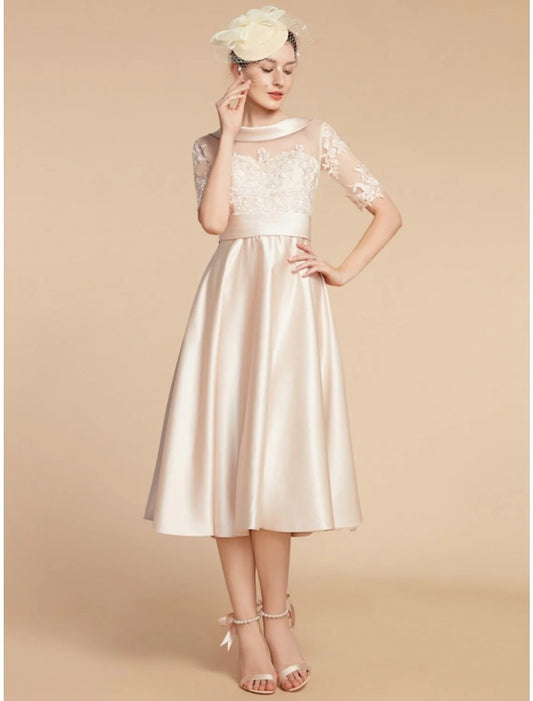 A-Line Mother of the Bride Dress Wedding Guest Elegant Petite Scoop Neck Knee Length Satin Lace Half Sleeve with Appliques Ruching Solid Color