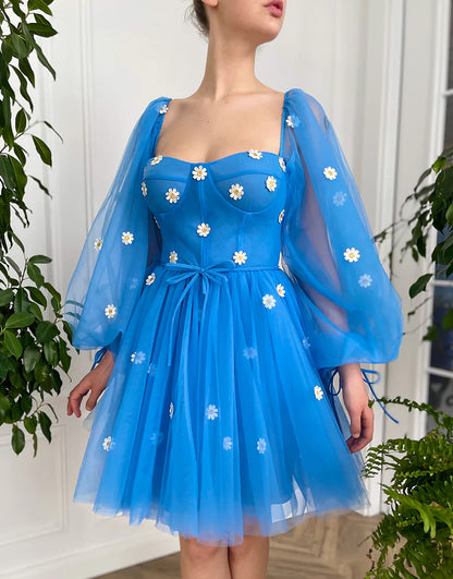 Cute A-Line Tulle Blue Short Party Dress Homecoming Dress