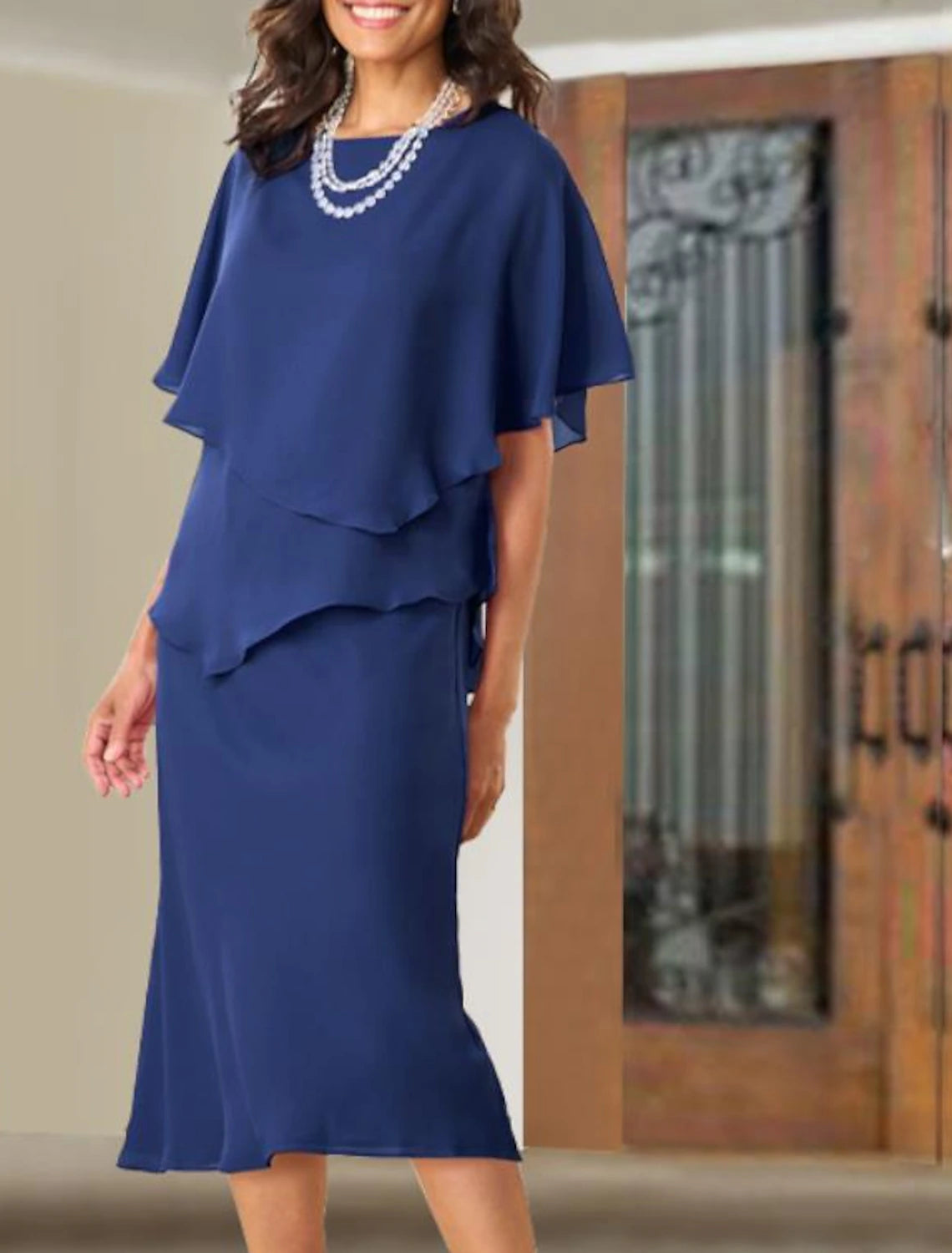 A-Line Mother of the Bride Dress Wedding Guest Elegant Plus Size Jewel Neck Tea Length Chiffon Short Sleeve with Ruffles