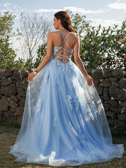 A-Line Princess Tulle Applique Halter Sleeveless Prom Dresses