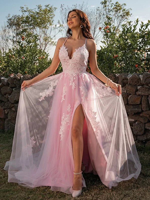 A-Line Princess Tulle Applique V-neck Sleeveless Prom Dresses Pink