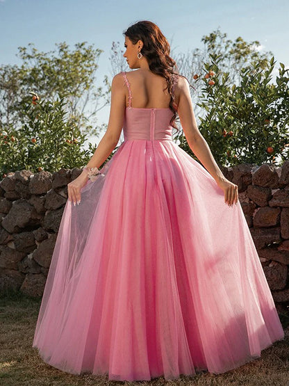 A-Line Princess Tulle Applique Straps Sleeveless Floor-Length Dresses