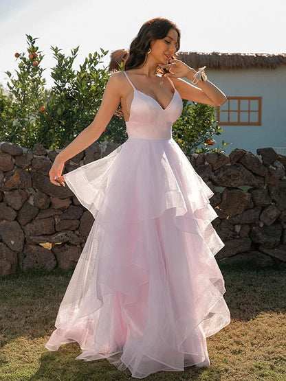 A-Line Princess Tulle Ruffles V-neck Sleeveless Floor-Length Prom Dresses